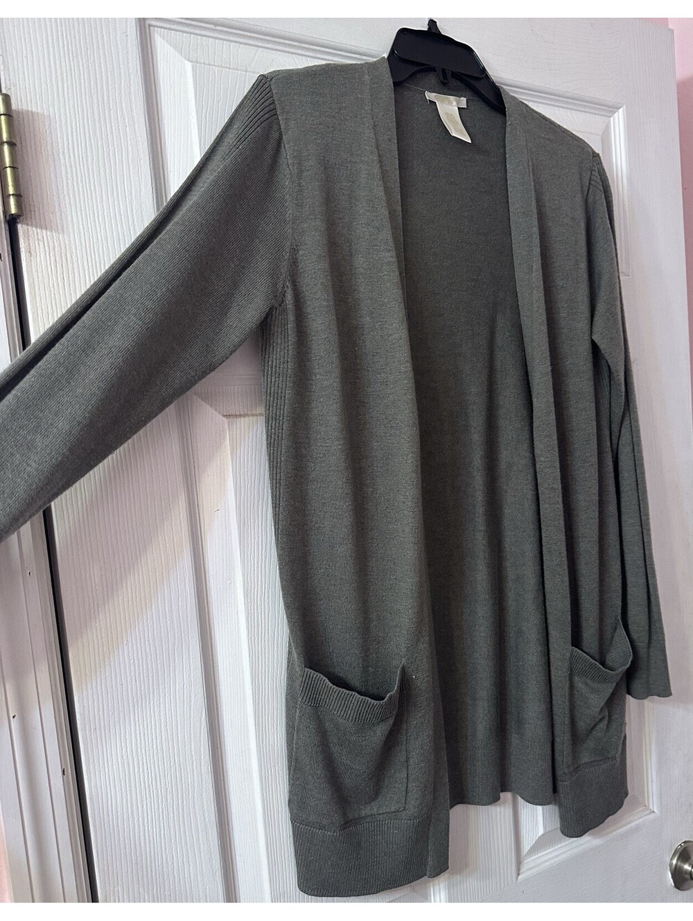 Matty M Women’s Medium Gray Open Front Long Cardigan Sweater Pockets Lightweight